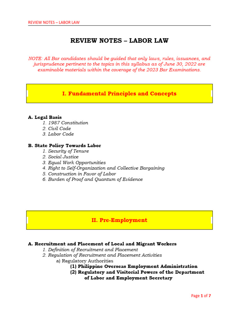 Review Notes - Labor Law | PDF | Labour Law | Employment
