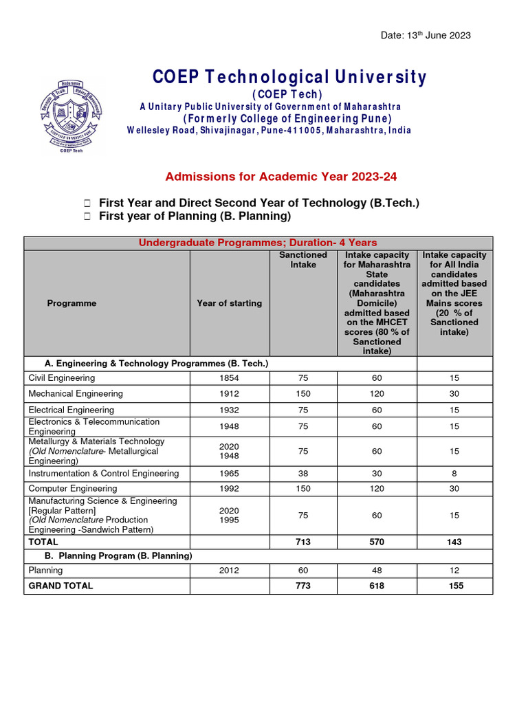 COEP Admission Process 2023-24 Overview | PDF | University And College ...