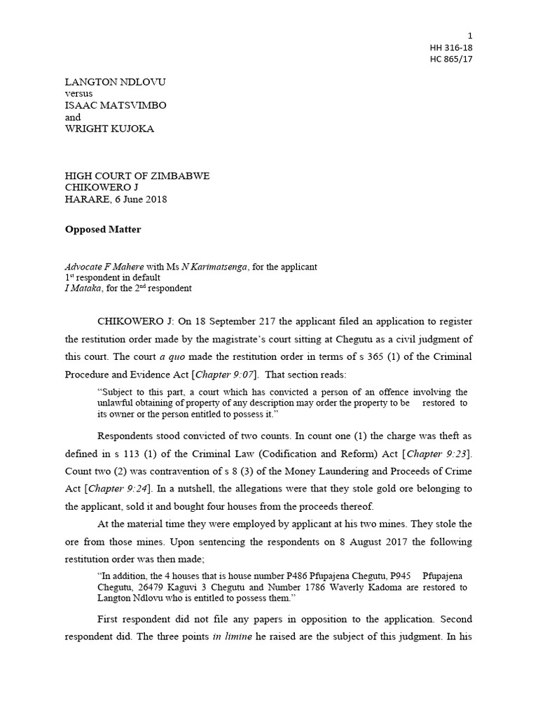 High Court Ruling on Restitution Order | PDF | Judgment (Law) | Theft