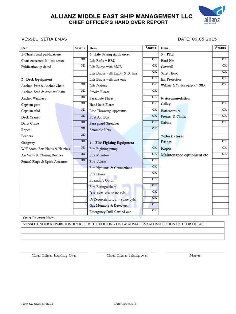 34 Chief Off Hand Over Form | PDF | Water Transport | Ships