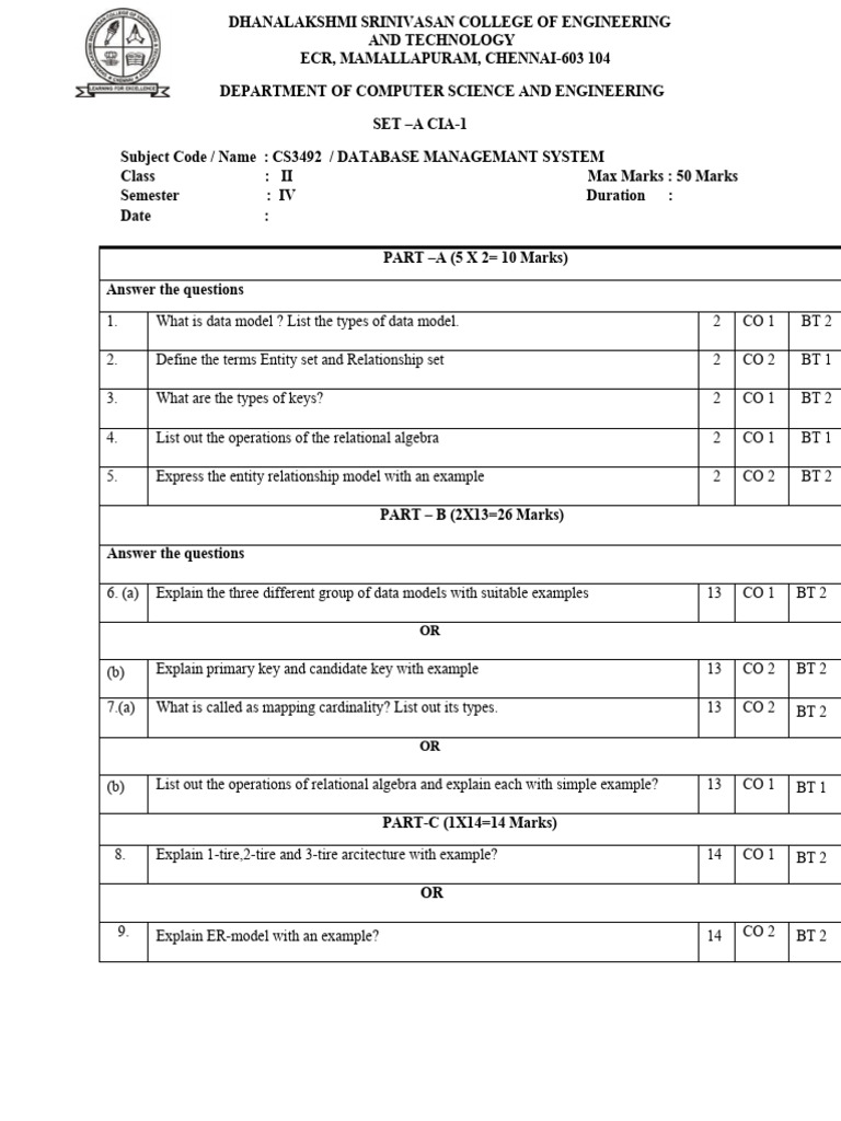 Database Management System CIA-1 Exam | PDF | Science & Mathematics