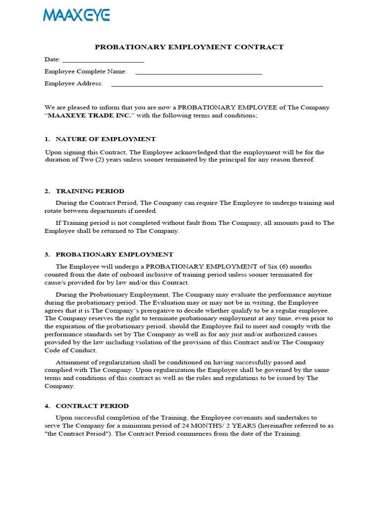 Probationary Employment Contract John Kenneth M Macaraig Pdf