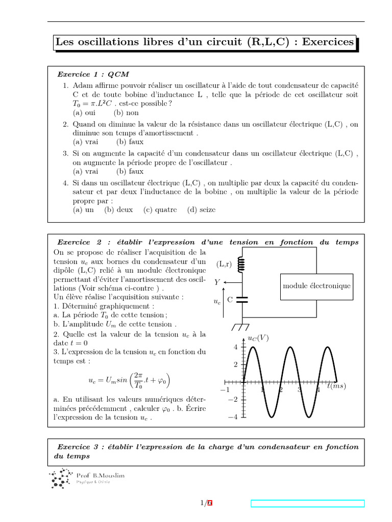 Exercices sur les circuits RLC et oscillateurs | PDF | Tension ...
