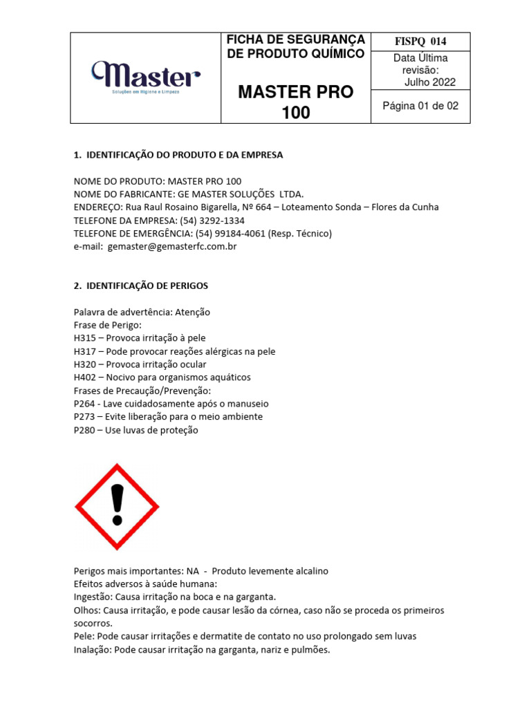 Ficha de Segurança do Master Pro 100 | PDF | Desperdício