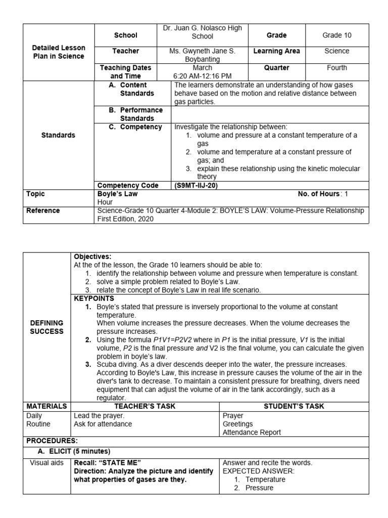 Grade 10 Lesson Plan Boyle's Law | PDF | Gases | Pressure