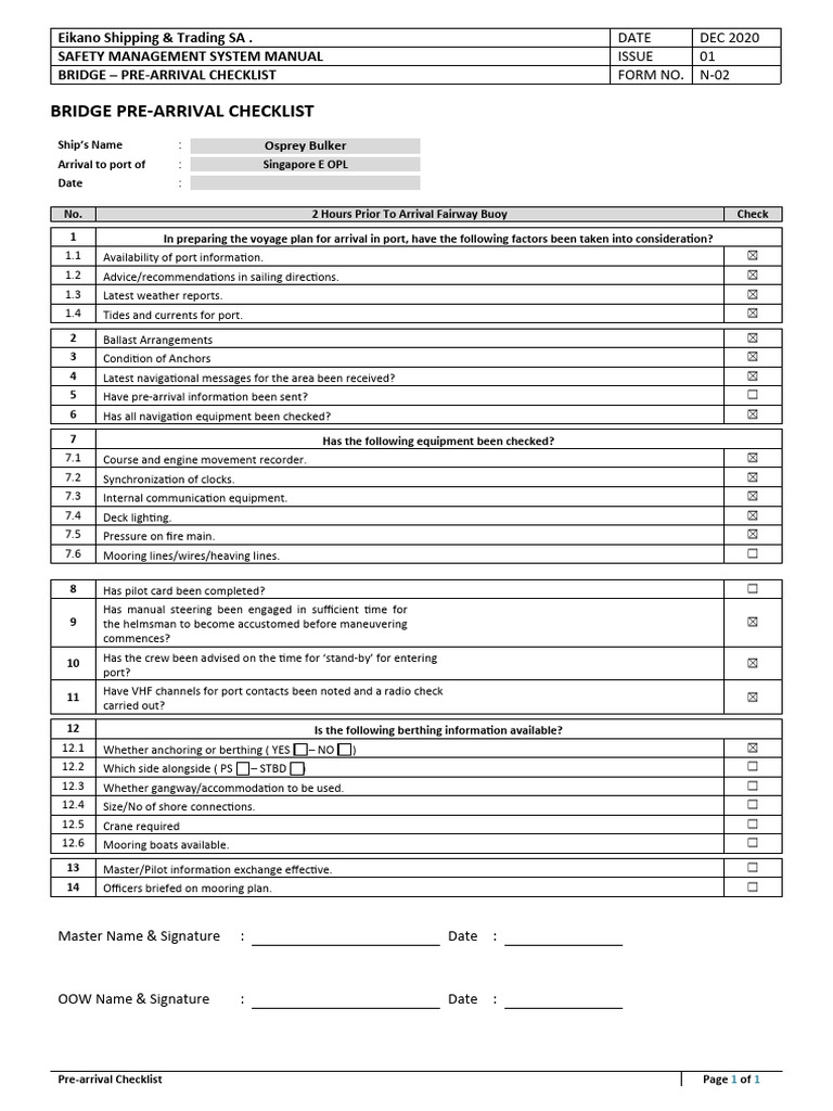 Bridge Pre-Arrival Checklist for Ships | PDF | Shipping | Watercraft