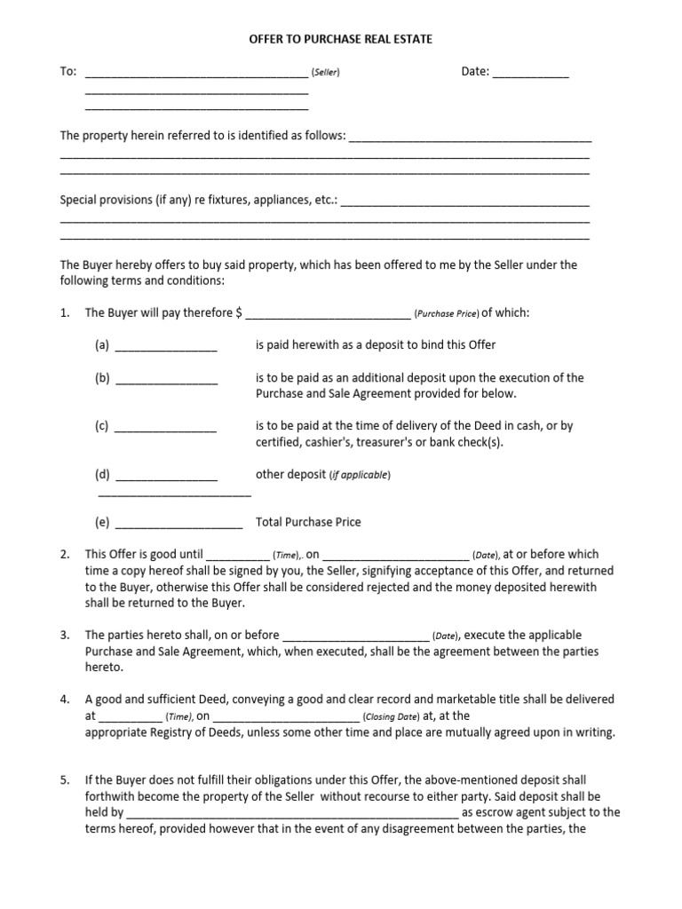 Blank Offer To Purchase Form | PDF | Deed | Sales