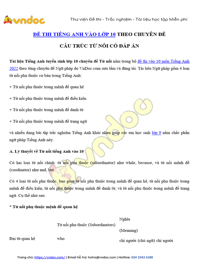 On Thi Vao Lop 10 Chuyen de Tu Noi Tieng Anh | PDF