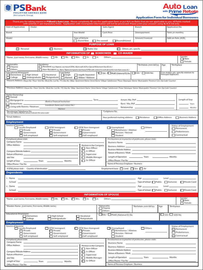 PSBank Auto Loan Application Form | PDF | Loans | Banks