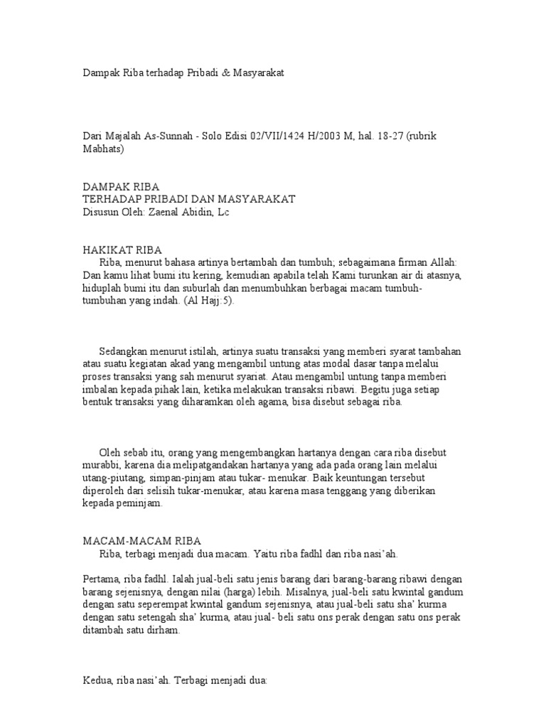 Dampak Riba Terhadap Pribadi Dan Masyarakat Pdf