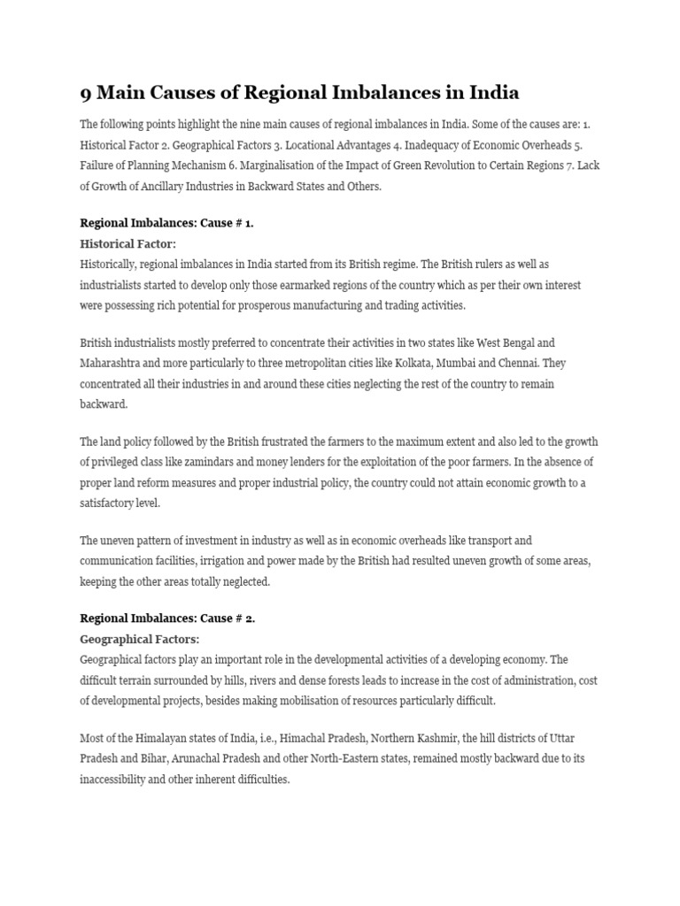 9 Main Causes of Regional Imbalances in India PDF Economies