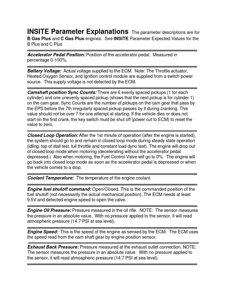 INSITE Parameter Overview for Engines | PDF | Throttle | Pressure
