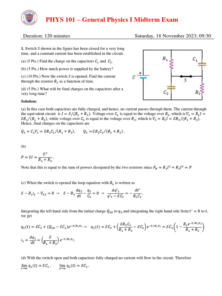 PHYS 101 - General Physics I Midterm Exam: Duration: 120 Minutes ...