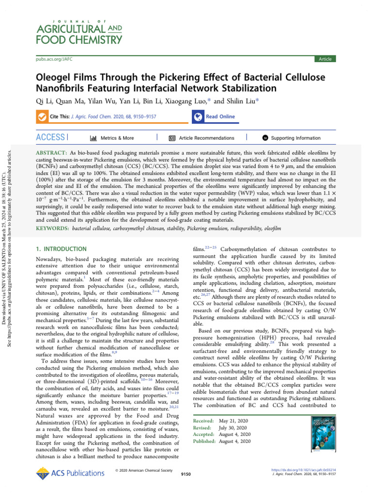 Li Et Al 2020 Oleogel Films Through The Pickering Effect of Bacterial ...