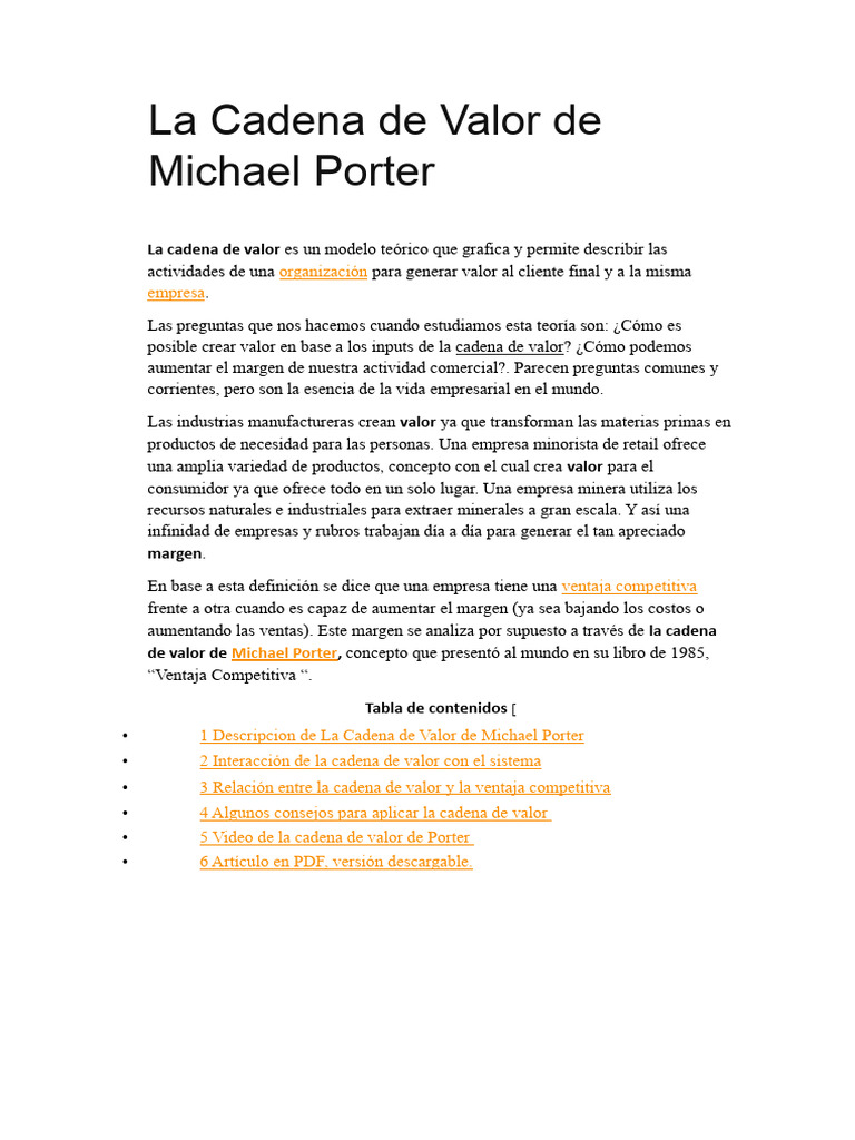 La Cadena de Valor de Michael Porter | PDF | Cadena de valor | Business