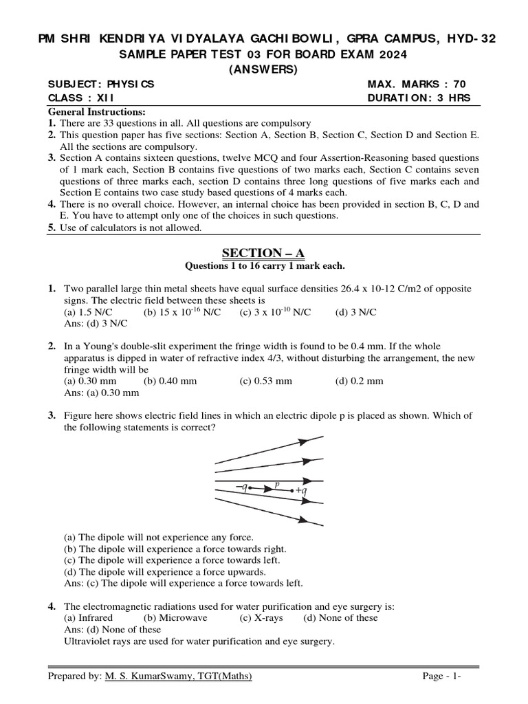 Class XII Physics Sample Paper 2024 | PDF | Electromagnetic Radiation ...