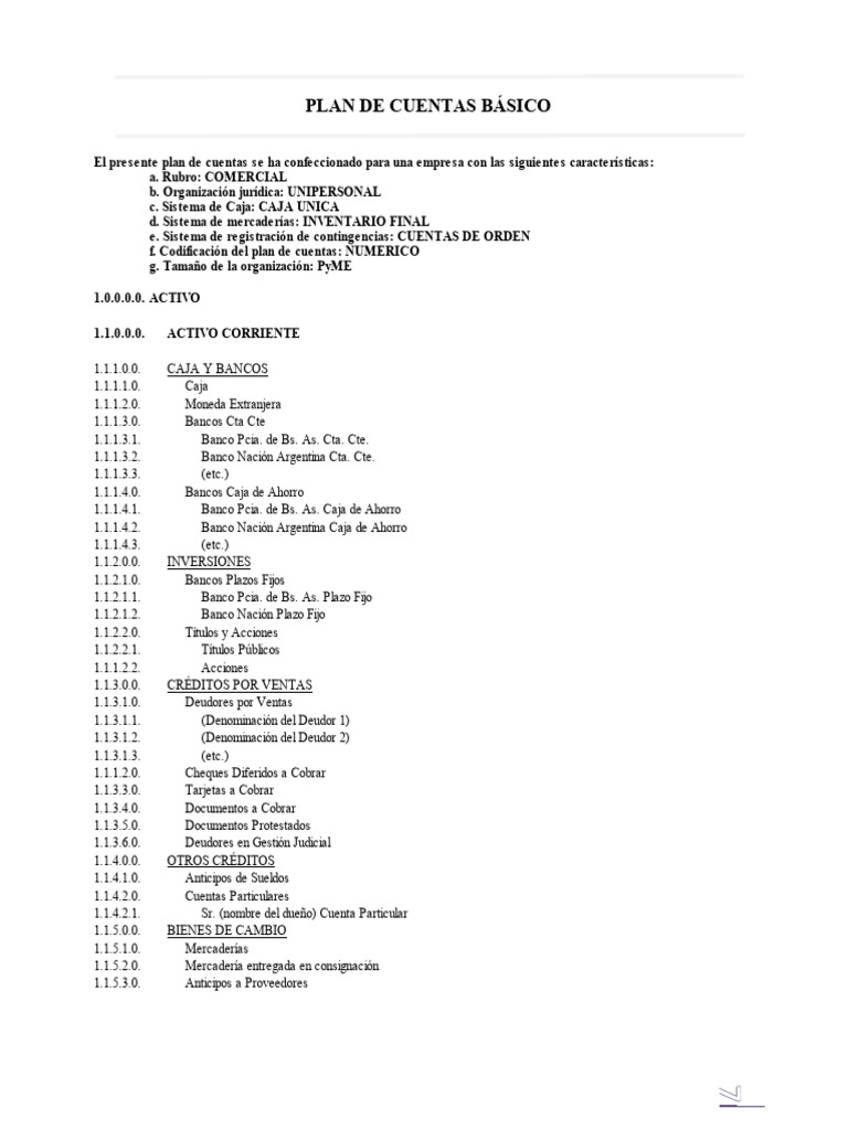 Plan de Cuentas para PyME Unipersonal | PDF | Bancos | Dinero
