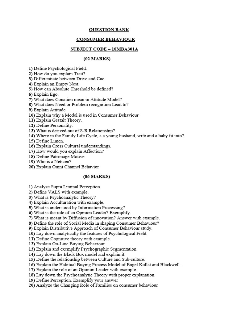 Question Bank - CB | PDF | Consumer Behaviour | Behavior