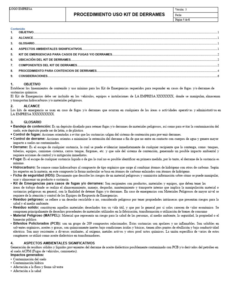 Protocolo de Uso del Kit de Derrames | PDF | Residuos | Contaminación