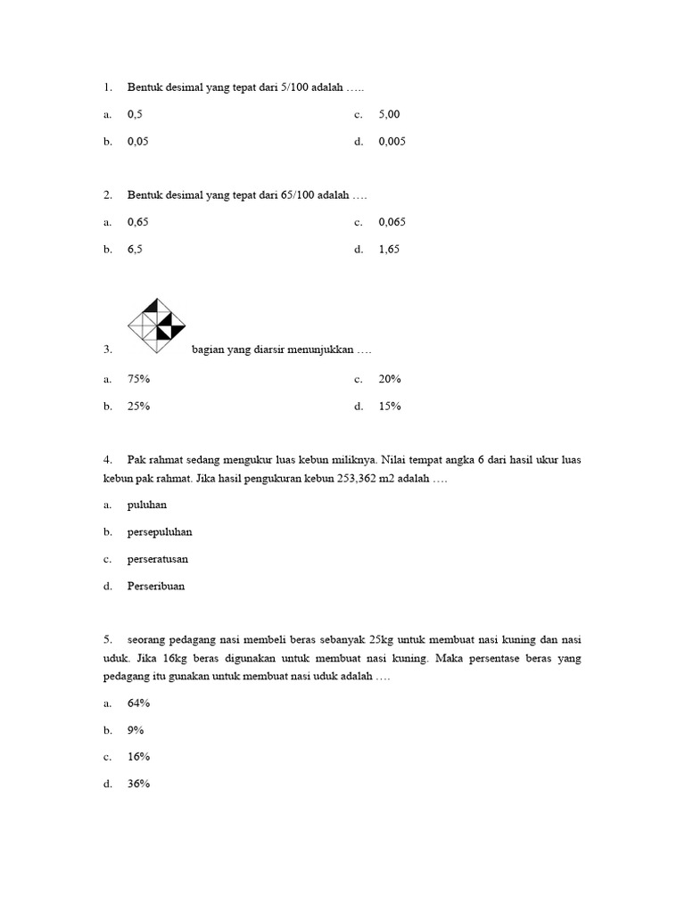 Soal Pecahan Desimal dan Persen Kelas 5 | PDF