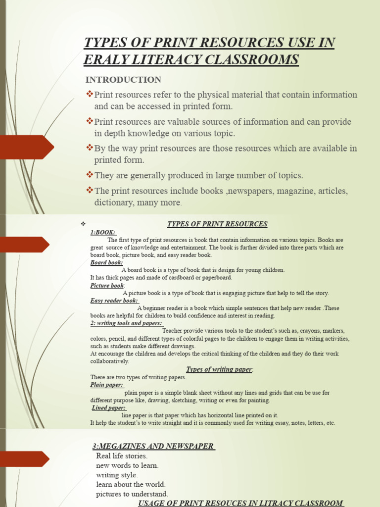 Types of Print Resources Use in Eraly Literacy PDF Books Written