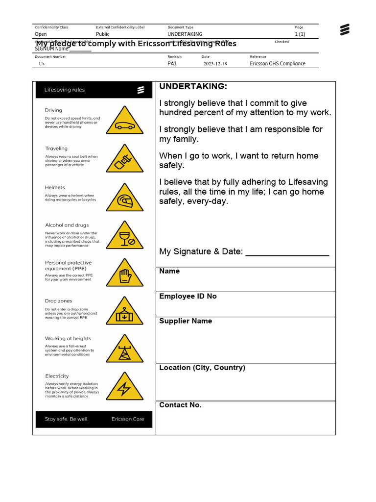 Ericsson Lifesaving Rules Commitment | PDF