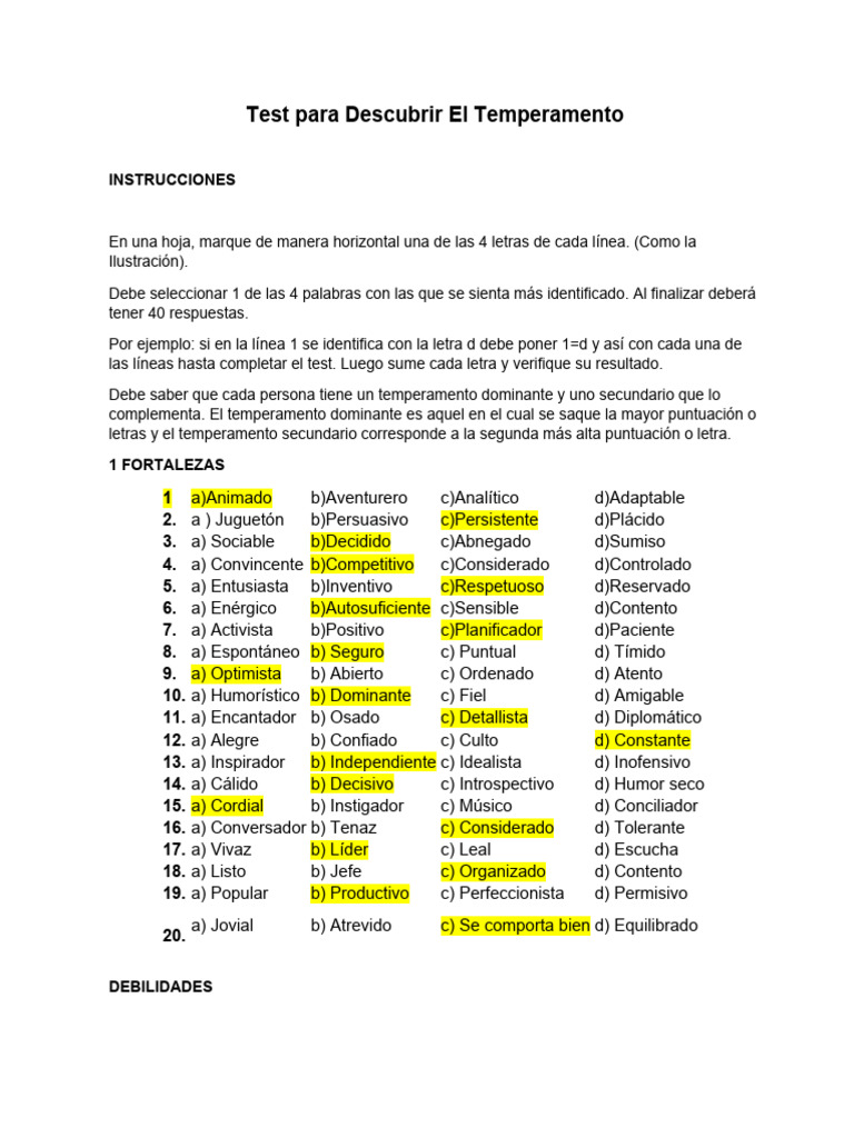 Test Para Descubrir El Temperamento PDF Temperamento Desarrollo 