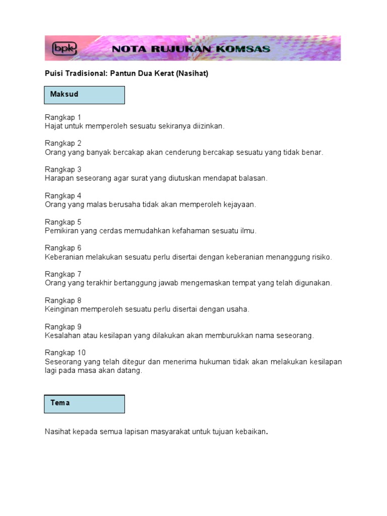 Puisi Tradisional Pantun Dua Kerat Nasihat Pdf