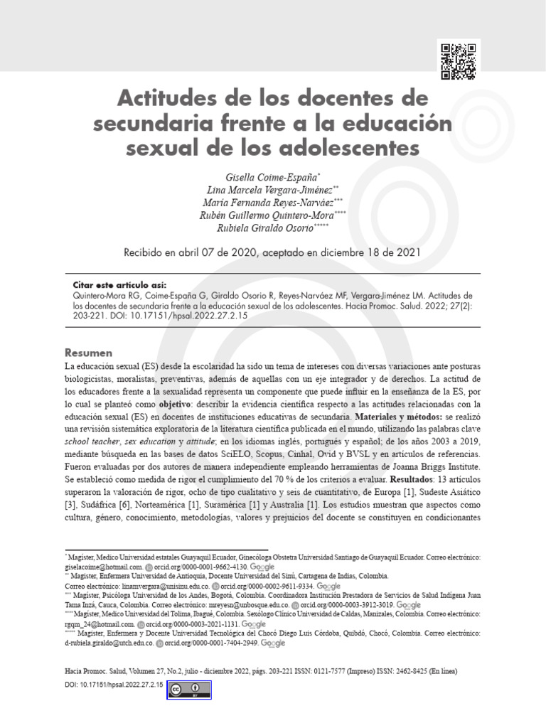 Actitudes De Los Docentes De Secundaria Frente A La Educación Sexual De