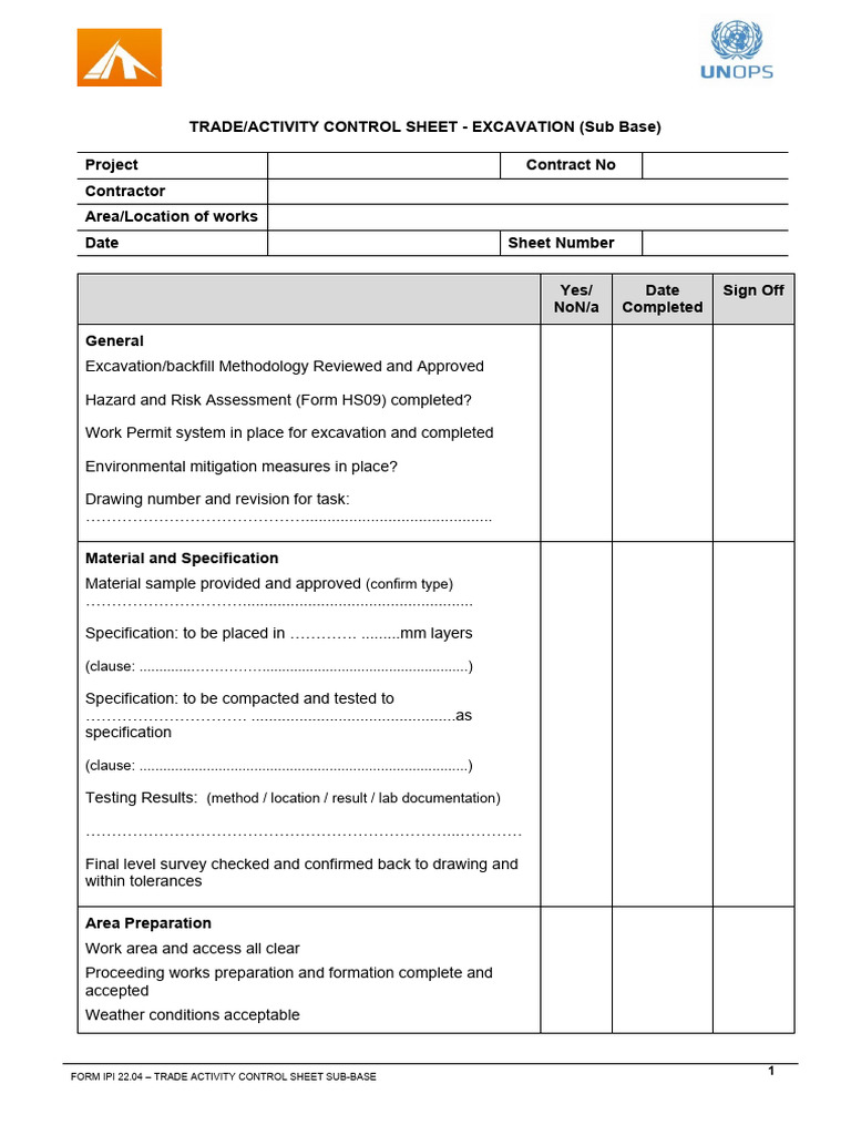 Excavation Control Sheet for Sub-Base | PDF | Safety