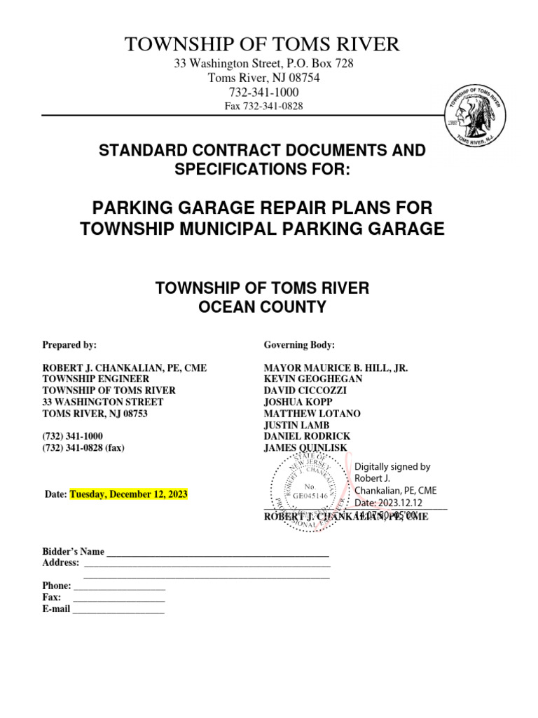 Toms River Parking Deck Repair Contract Bid Documents PDF Guarantee
