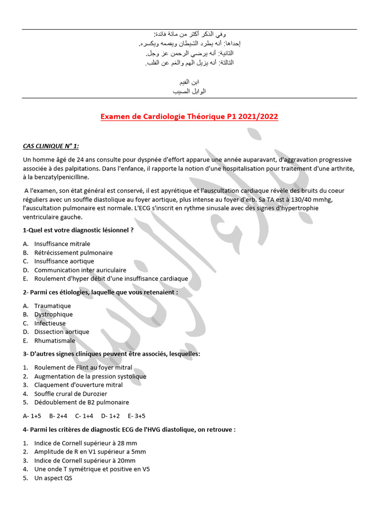Cas cliniques en cardiologie 2021/2022 | PDF | Insuffisance cardiaque ...
