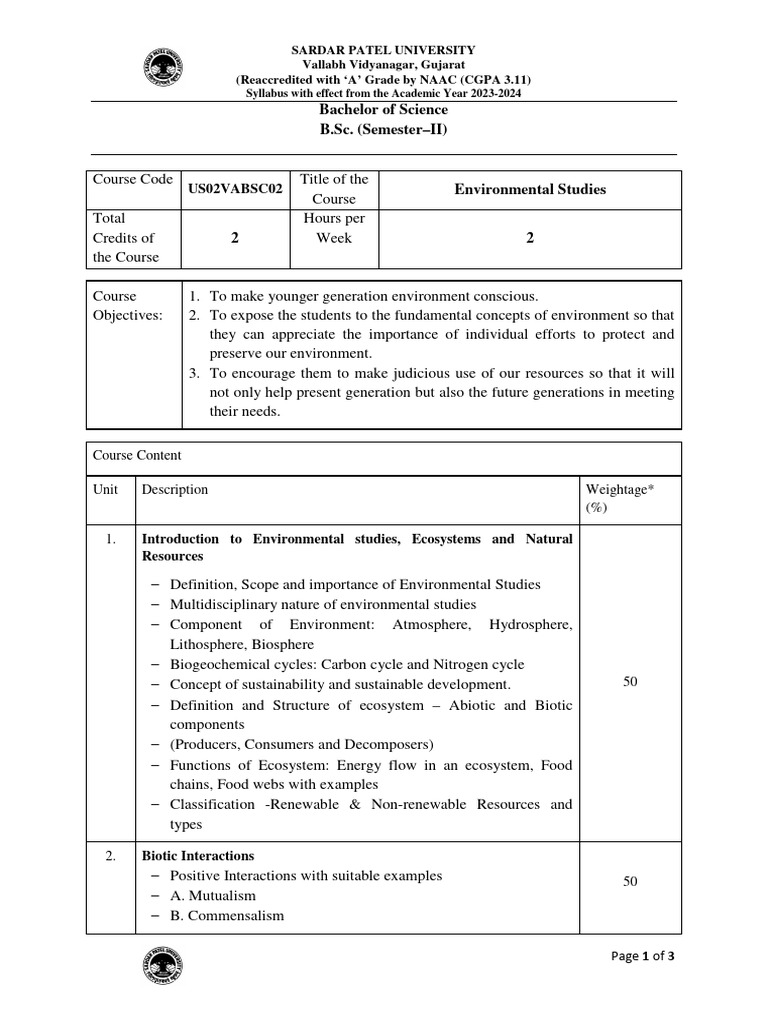 B.Sc. Environmental Studies Syllabus 2023 | PDF | Ecosystem | Natural ...