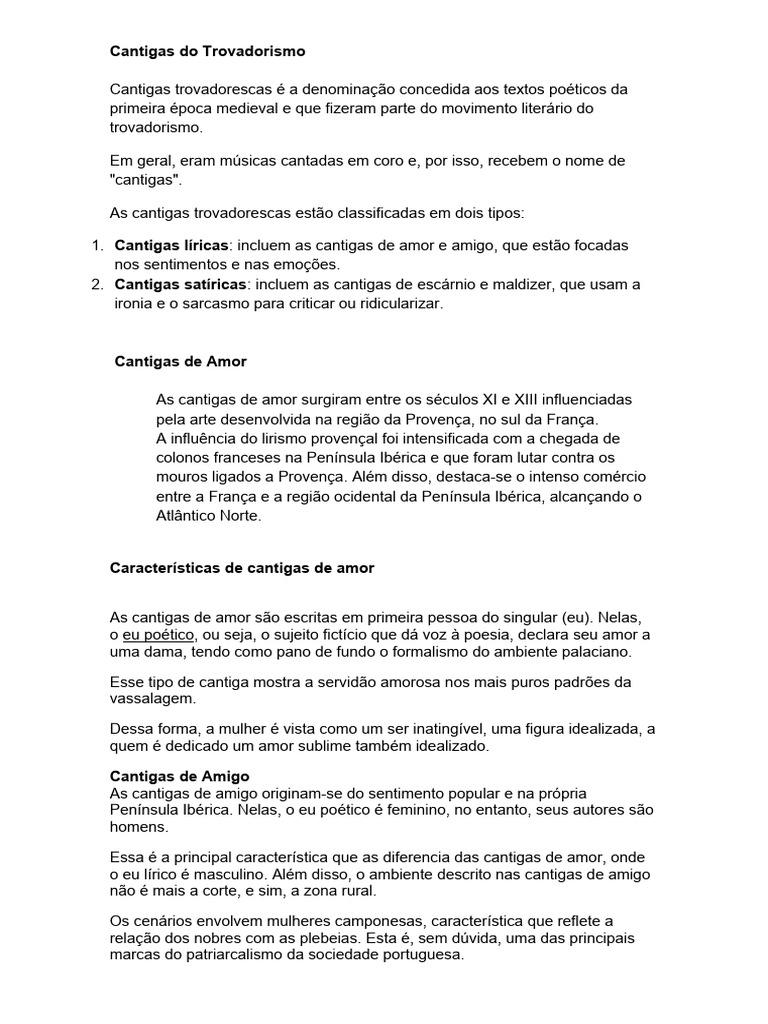 Cantigas do Trovadorismo: Tipos e Características | PDF
