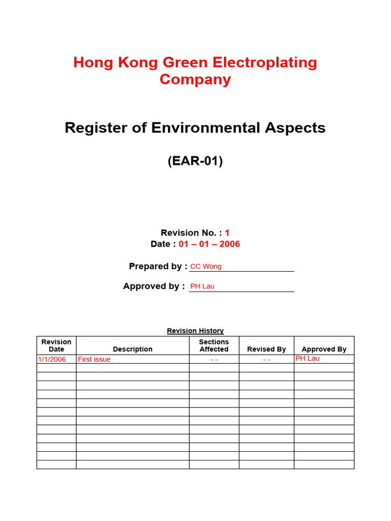 Environmental Aspects Register EAR-01 | PDF | Sewage Treatment | Waste