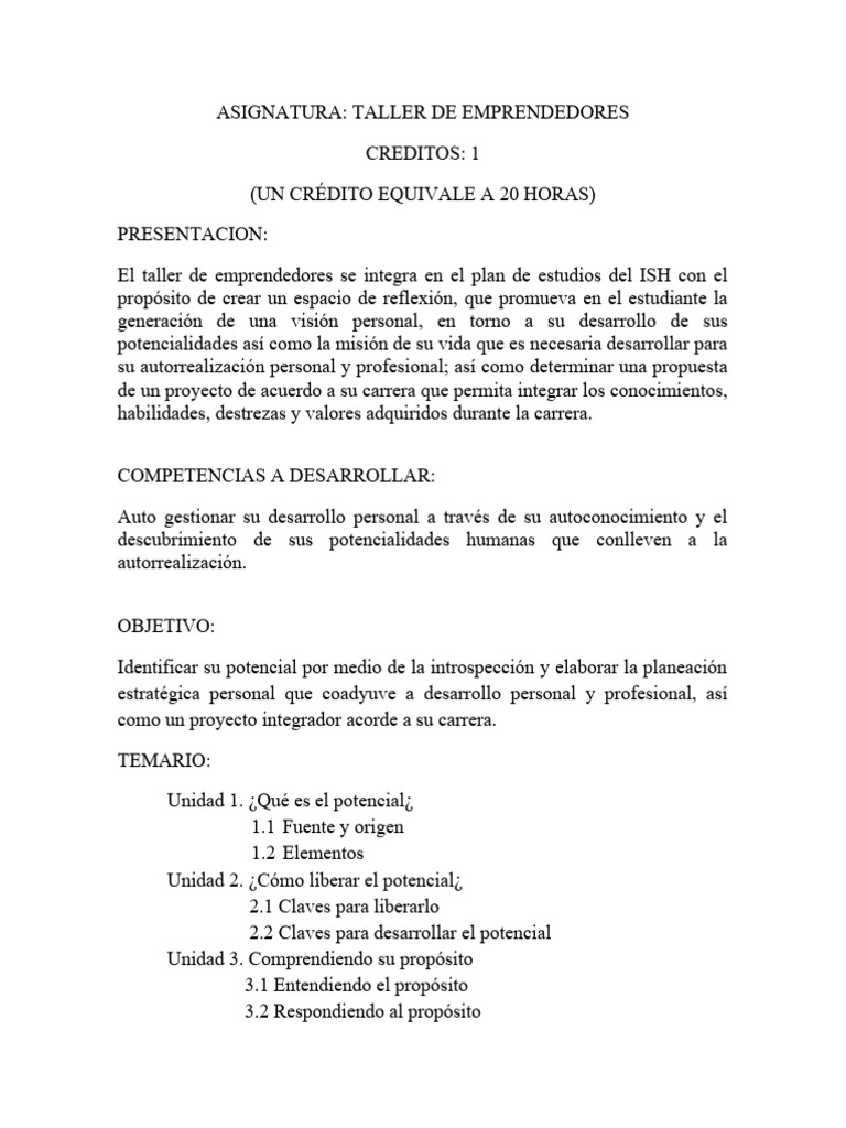 Taller de Emprendedores: Desarrollo Personal | PDF | Aprendizaje ...
