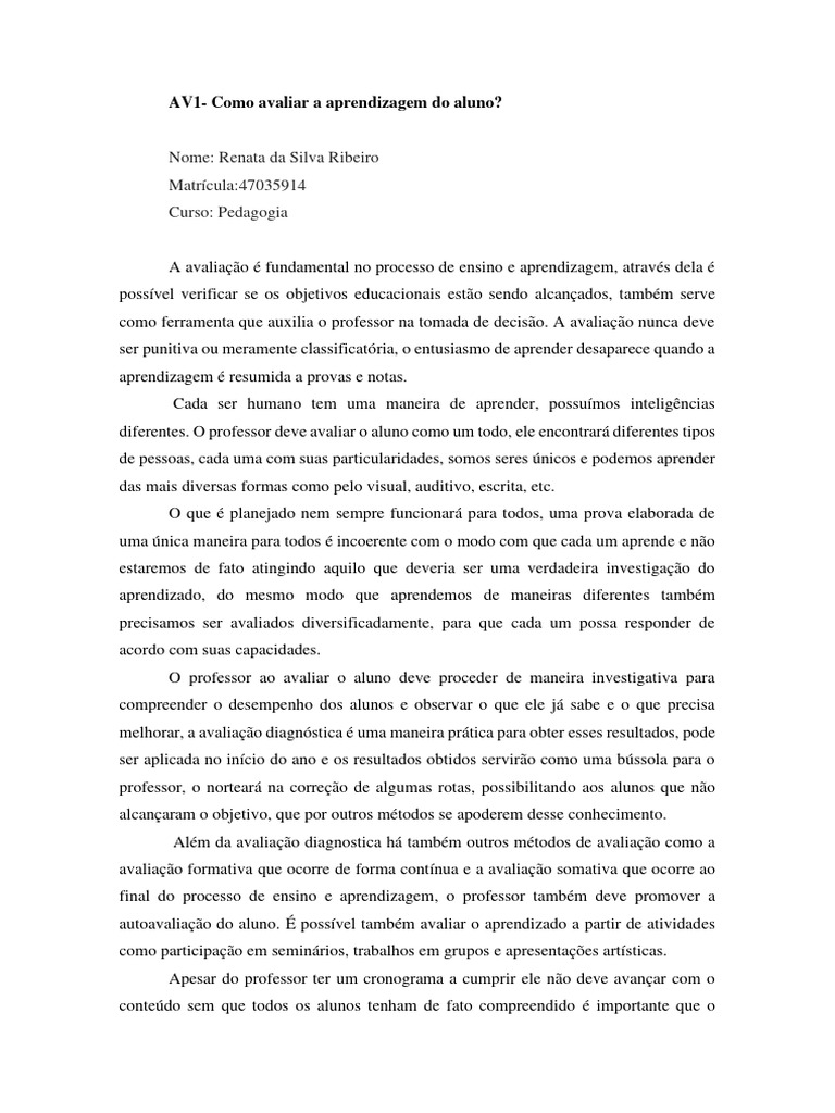 Avaliação da Aprendizagem do Aluno | PDF | Aprendizado | Pedagogia