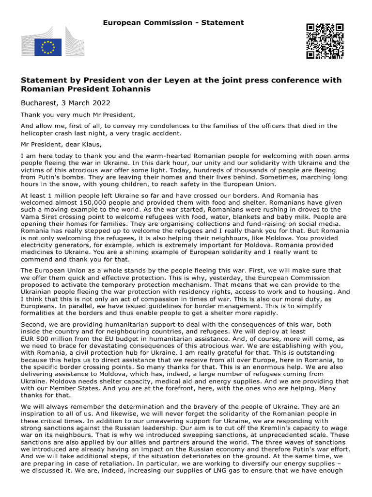 Statement by President Von Der Leyen at The Joint Press Conference With ...