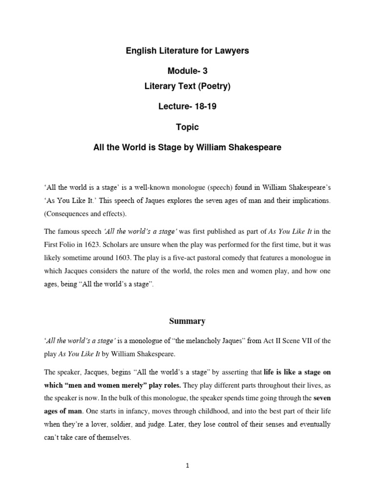 All The World Is Stage by William Shakespeare | Download Free PDF | As ...