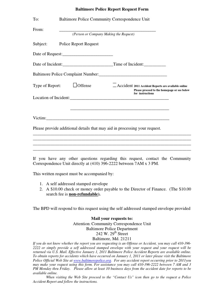 Baltimore Police Report Request Form | PDF | Social Science