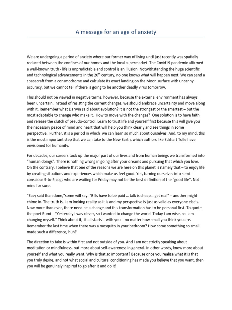 A Message For An Age of Anxiety | PDF | Behavioural Sciences ...