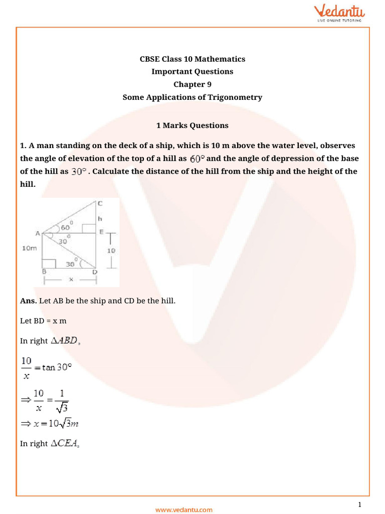 CBSE Class 10 Maths Chapter 9 Some Applications of Trigonometry ...
