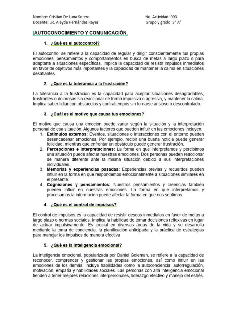 Autoconocimiento Y Comunicación Pdf Pensamiento Las Emociones