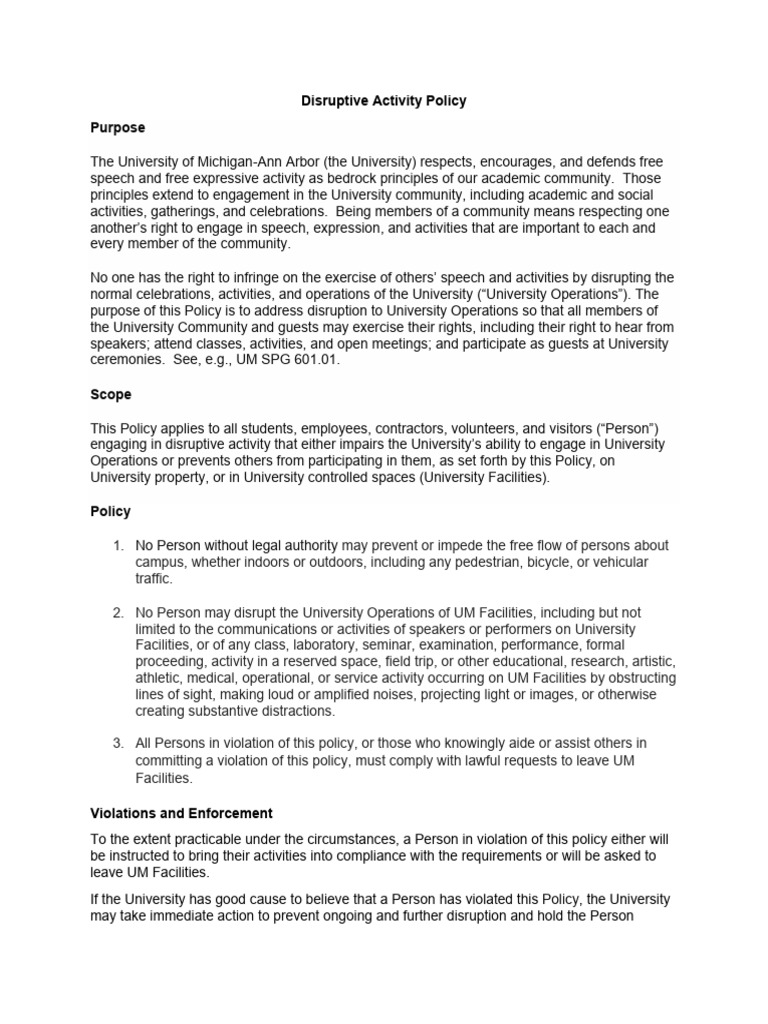 University Disruptive Activity Policy | PDF | Standard Of Review | Justice