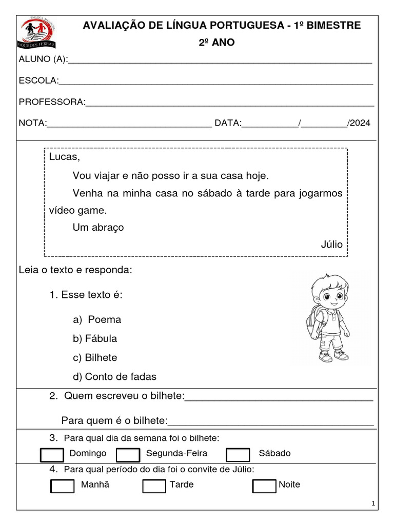 Prova de Português 1 Bimestre 2024 | PDF