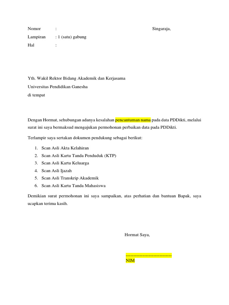 Contoh Surat Pengajuan Perbaikan Data | PDF