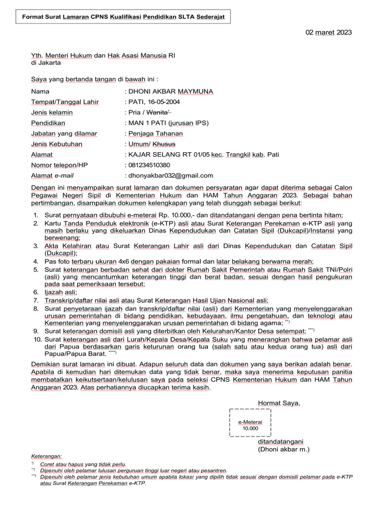 Surat lamaran cpns 2024 slta 1 pdf