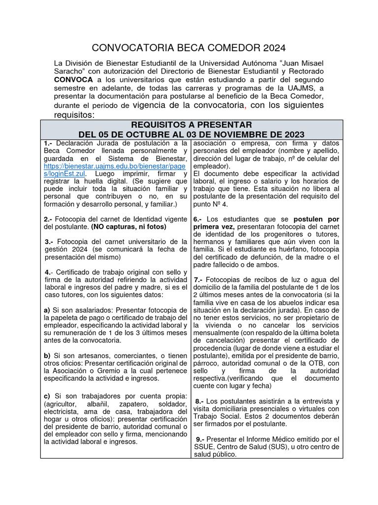 Convocatoria Beca Comedor 2024 UAJMS | PDF
