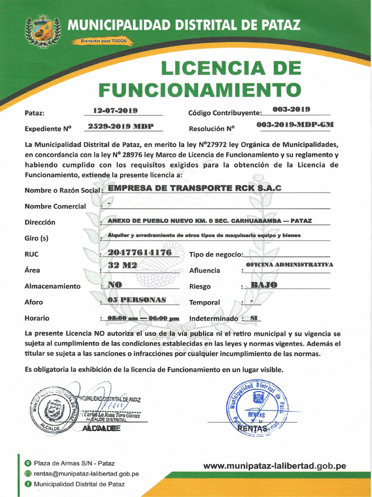 Licencia de Funcionamiento - Carguabamba | PDF