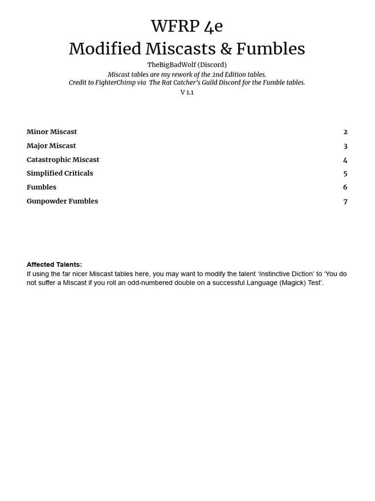 WFRP 4e Miscast & Fumble Tables | PDF